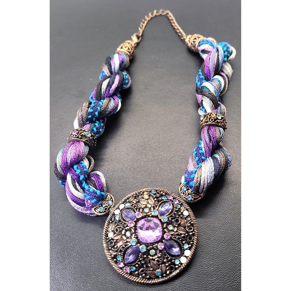 Braided Necklace Cord Medallion‎ Women Purple Blue Boho